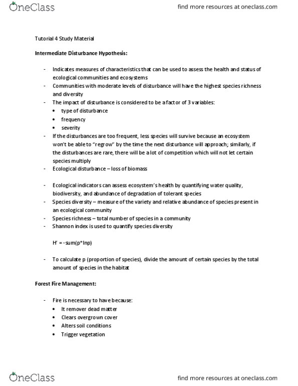 BIOLOGY 1M03 Lecture Notes - Lecture 4: Wildfire Suppression, Intermediate Disturbance Hypothesis, Ecological Indicator thumbnail