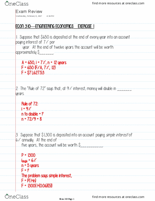 ENGR 310 Lecture Notes - Lecture 6: Savings Account, Interest thumbnail