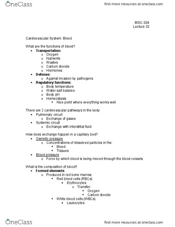 BI SC 004 Lecture Notes - Lecture 33: Capillary, Red Blood Cell, Bone Marrow thumbnail