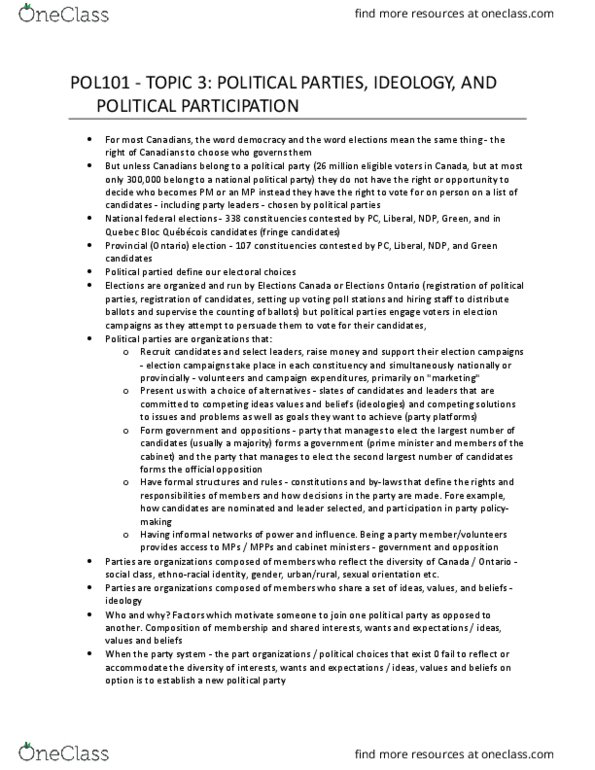 POL 102 Lecture Notes - Lecture 4: Social Democracy, Party System, Elections Canada thumbnail