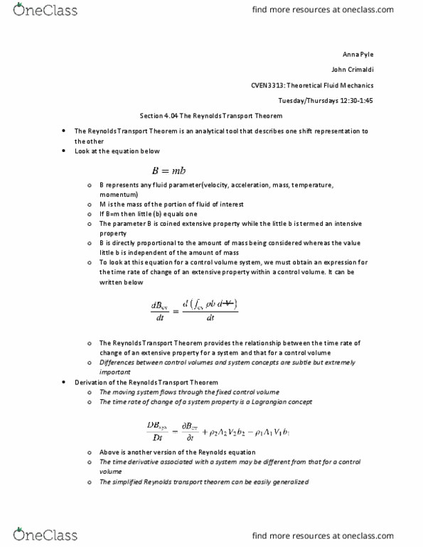 CVEN 3313 Chapter Notes - Chapter 4,5: Material Derivative, Continuity Equation, Surface Integral thumbnail