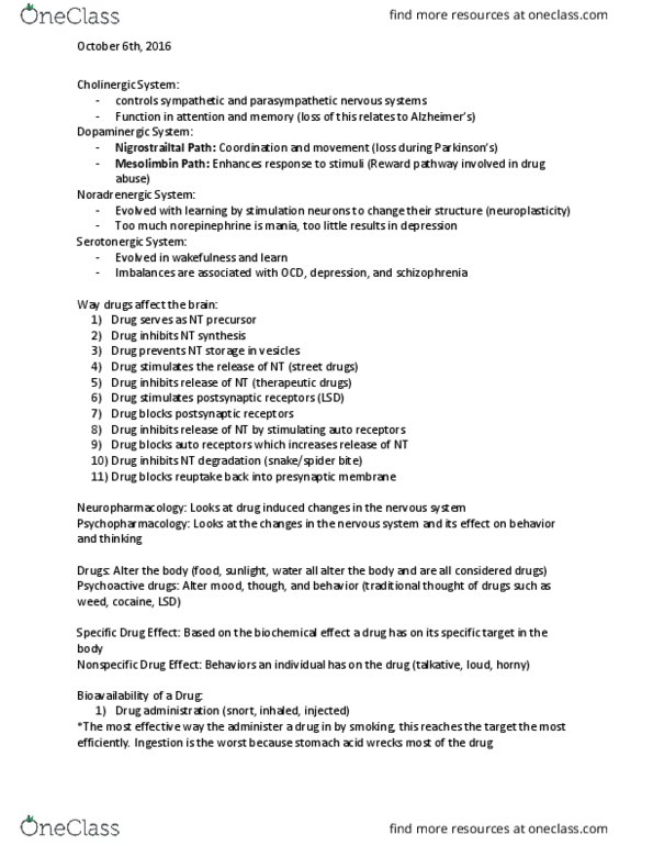 NEUR 2200 Lecture Notes - Lecture 9: Bioavailability, Cholinergic, Reuptake thumbnail