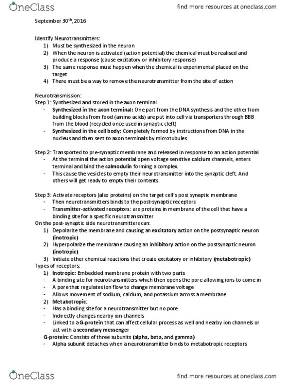 NEUR 2200 Lecture Notes - Lecture 7: Inotrope, Neurotransmission, Reuptake thumbnail