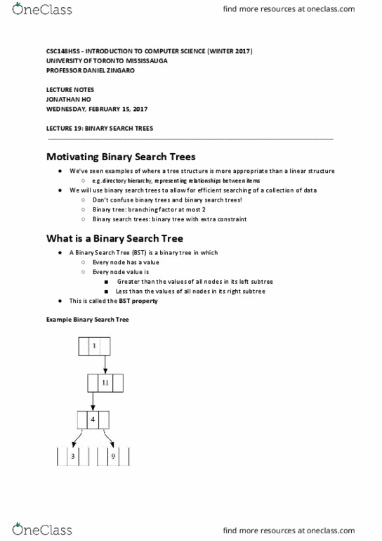 CSC148H5 Lecture Notes - Lecture 19: Binary Search Tree, University Of Toronto Mississauga, Binary Search Algorithm thumbnail