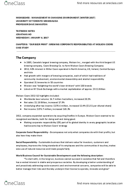 MGM102H5 Chapter Notes - Chapter 8: Coors Brewing Company, Molson Coors Brewing Company, University Of Toronto Mississauga thumbnail