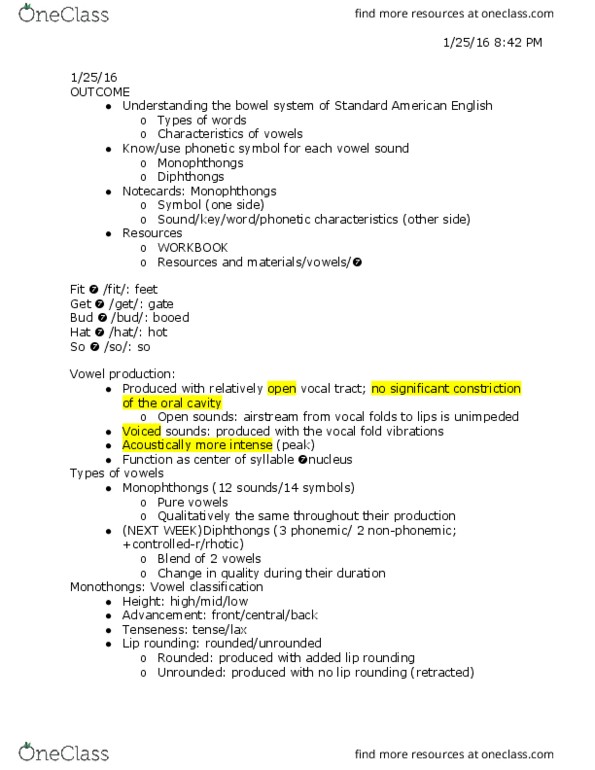 THE 152 Lecture Notes - Lecture 4: Vocal Tract, Diphthong, Tenseness thumbnail