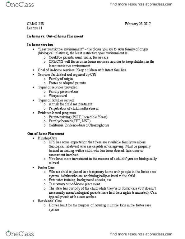 HD FS 258 Lecture Notes - Lecture 11: Study Guide, Least Restrictive Environment, Family Preservation thumbnail