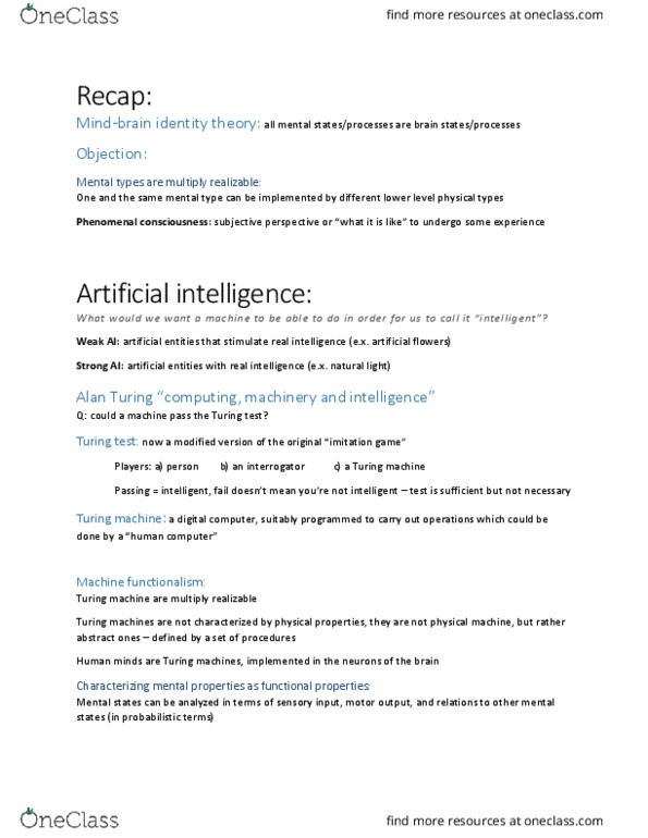 PHIL 1301 Lecture Notes - Lecture 9: Functional Analysis, Behaviorism, Turing Machine thumbnail