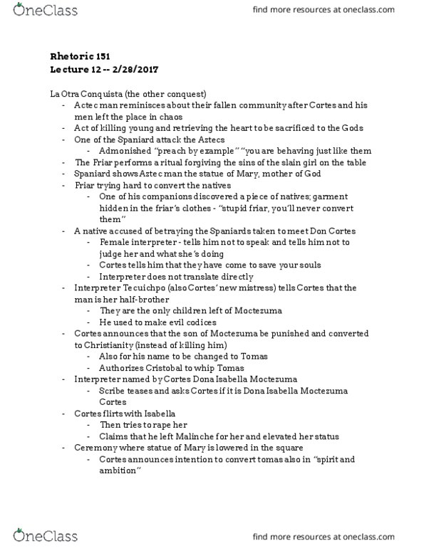 RHETOR 151 Lecture Notes - Lecture 12: The Other Conquest, Isabel Moctezuma thumbnail
