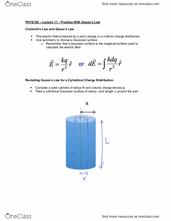 PHYSICS 182 Lecture Notes - Lecture 11: Gaussian Surface, Electric Field thumbnail