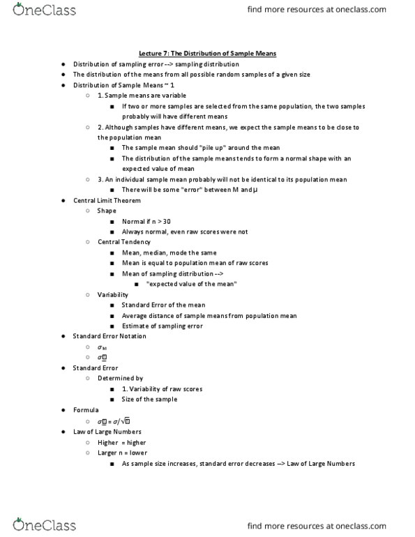 PSYC 241 Lecture Notes - Lecture 7: Central Limit Theorem, Sampling Distribution, Sample Size Determination thumbnail