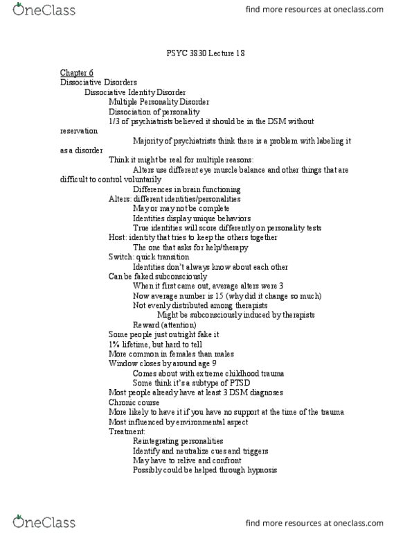 PSYCH 3830 Lecture Notes - Lecture 18: Dissociative Identity Disorder thumbnail