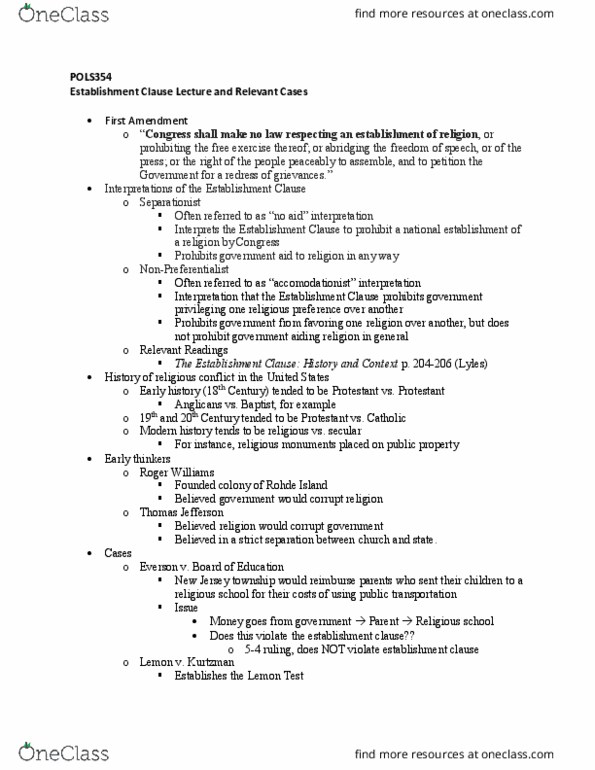 POLS 354 Lecture Notes - Lecture 3: Lemon V. Kurtzman, Establishment Clause thumbnail