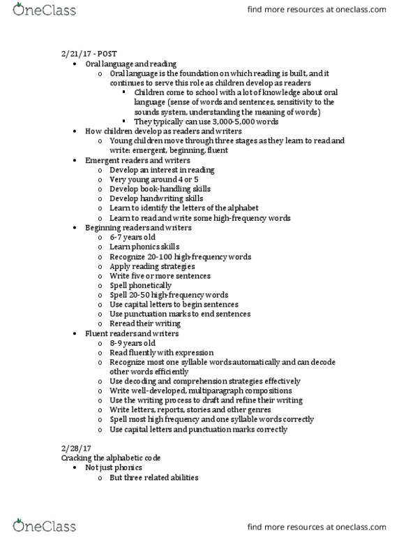 EDUC 461 Lecture Notes - Lecture 3: Phonics, Phonemic Awareness, Phonological Awareness thumbnail