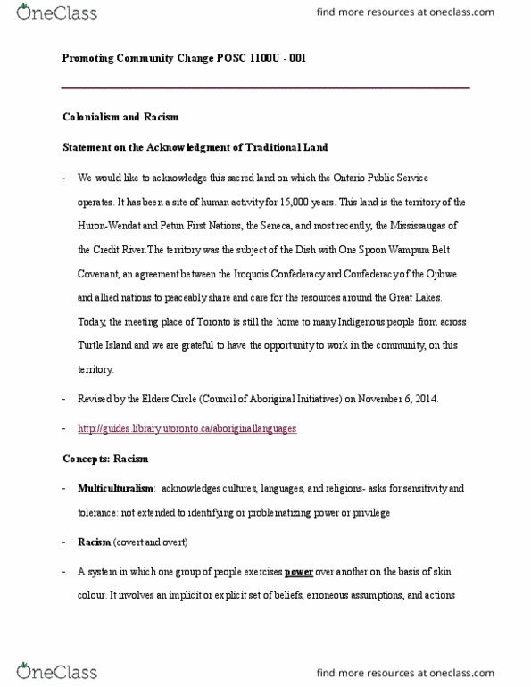 POSC 1100U Lecture Notes - Lecture 1: Africville, Heritage Minutes, Gradual Civilization Act thumbnail