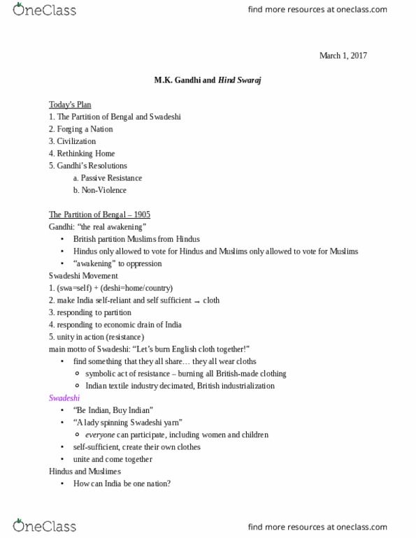 HUMAN 1B Lecture Notes - Lecture 14: Hind Swaraj Or Indian Home Rule, Swadeshi Movement, Civilization Iv thumbnail