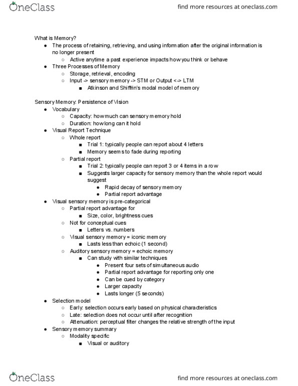 PSYC 3 Lecture Notes - Lecture 5: Change Detection, Clive Wearing, Memory Span thumbnail