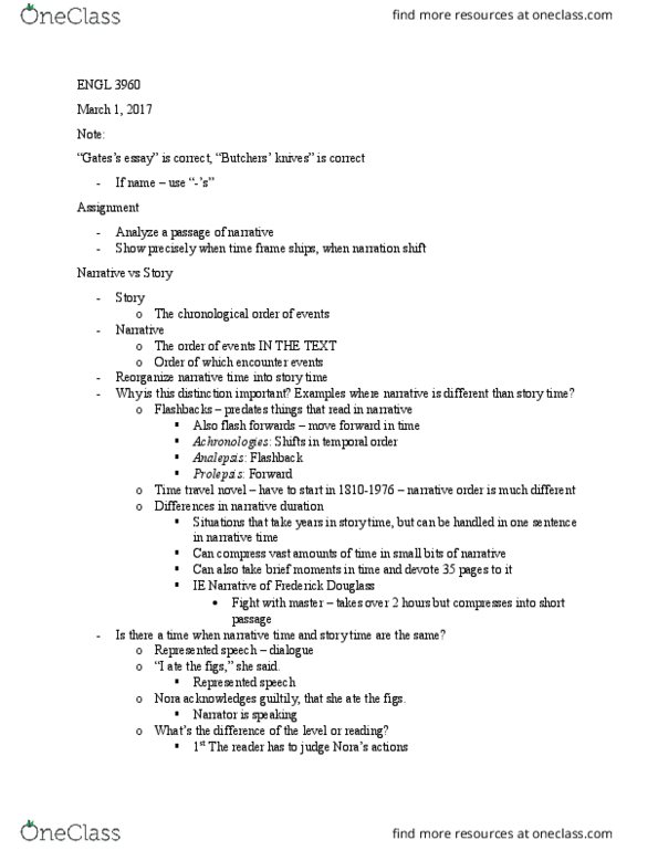 ENGL 3960 Lecture Notes - Lecture 13: Disconnection, List Of The Venture Bros. Characters, Free Indirect Speech thumbnail