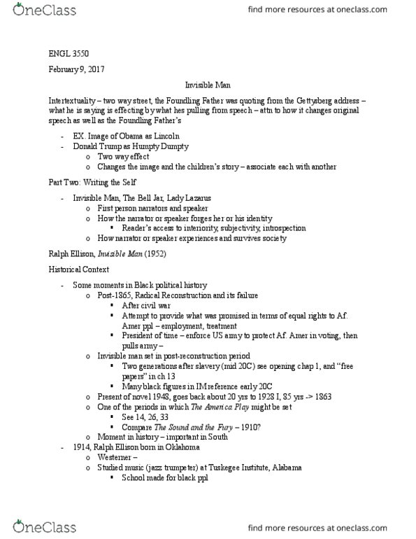 ENGL 3550 Lecture Notes - Lecture 8: Ralph Ellison, Gettysburg Address, African-American Music thumbnail