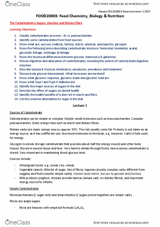 FOOD20003 Lecture Notes - Lecture 1: Pyranose, Anomer, Aldehyde thumbnail