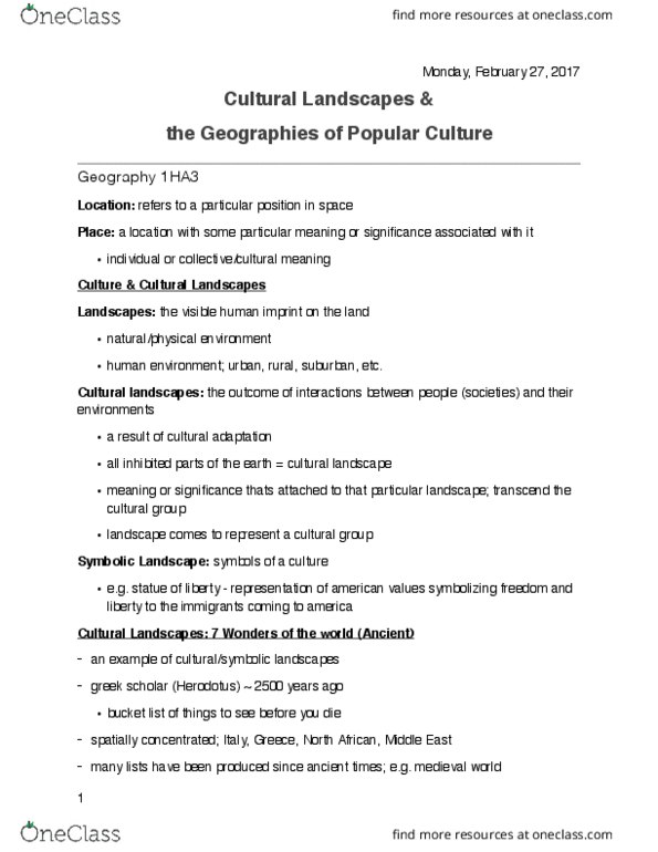 GEOG 1HA3 Lecture Notes - Lecture 13: Cultural Landscape, Human Imprint thumbnail