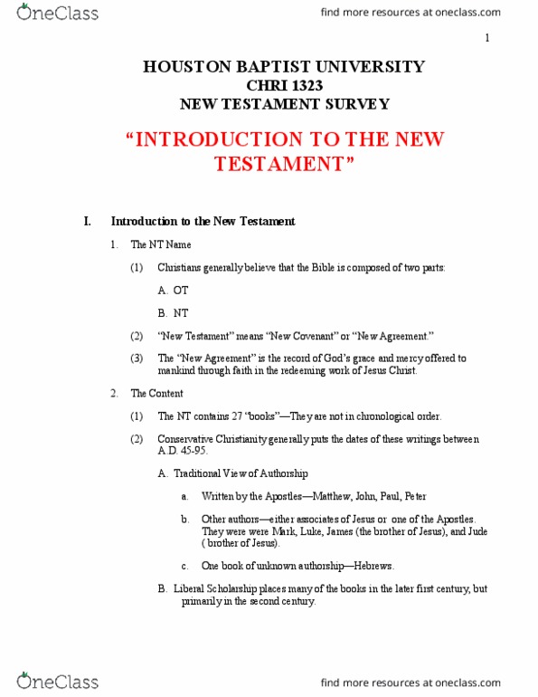CHRI 1323 Lecture Notes - Lecture 1: New Revised Standard Version, New King James Version, New Covenant thumbnail
