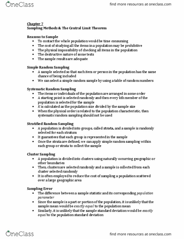 ECON 2200 Chapter Notes - Chapter 7: Simple Random Sample, Central Limit Theorem, Statistic thumbnail