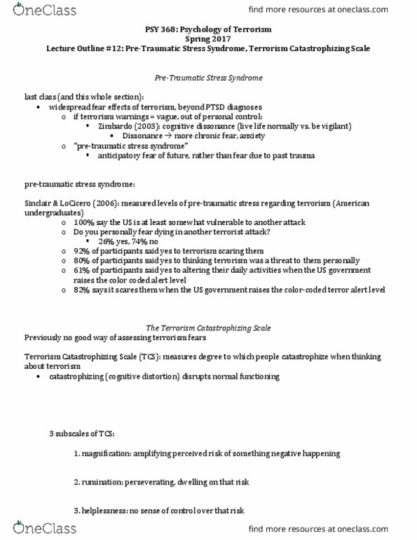 PSY 368 Lecture 12: Lecture 12 - Pre-Traumatic Stress Syndrome, Terrorism Catastrophizing Scale thumbnail