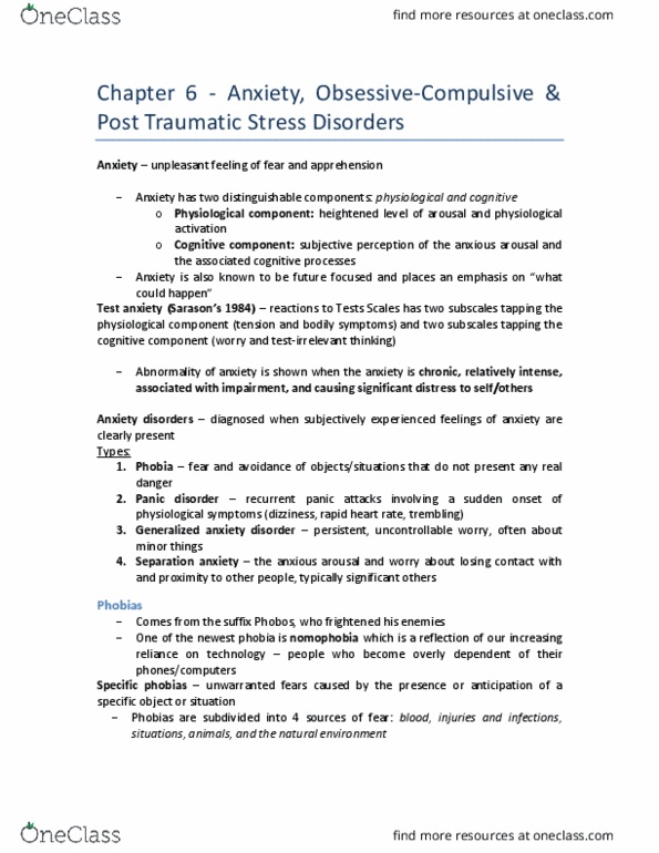 PSYB32H3 Lecture 6: Chapter 6 - Anxiety, OCD & PTSD thumbnail