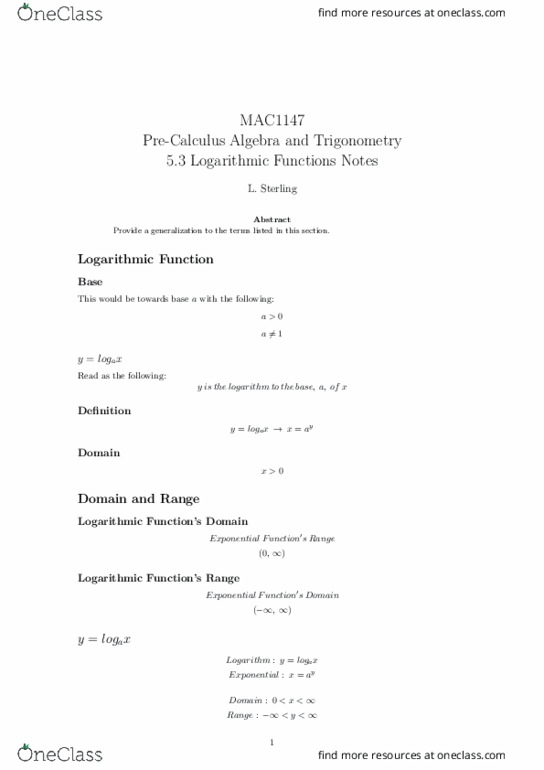 MAC1147 Lecture Notes - Lecture 15: Logarithm, Real Number thumbnail