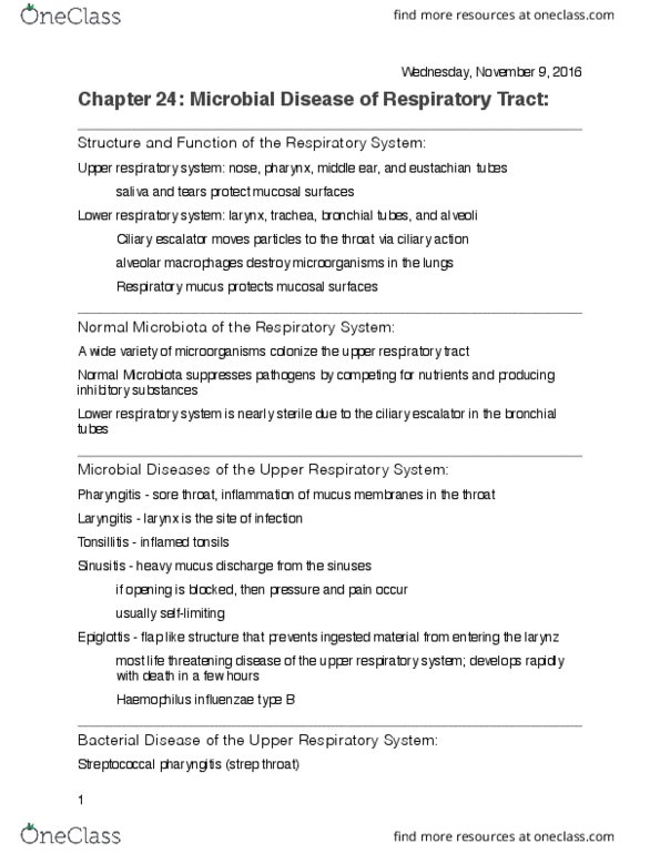 BIO 3372 Lecture 24: Chapter 24 - Microbial Diseases of Respiratory System thumbnail