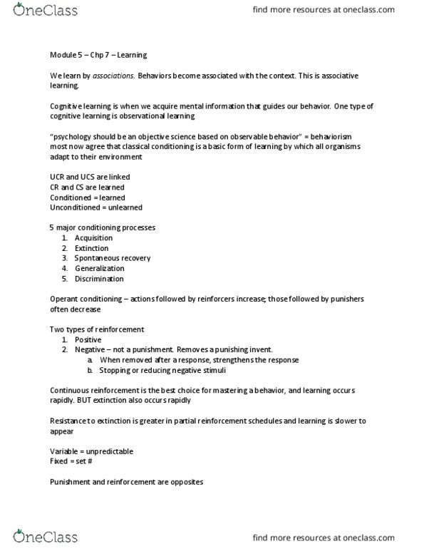 PSYCH 2010 Chapter Notes - Chapter 7: Classical Conditioning, Observational Learning, Operant Conditioning thumbnail