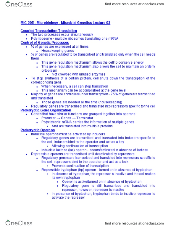 MIC 205 Lecture Notes - Lecture 13: Operon, Repressor, Tryptophan thumbnail