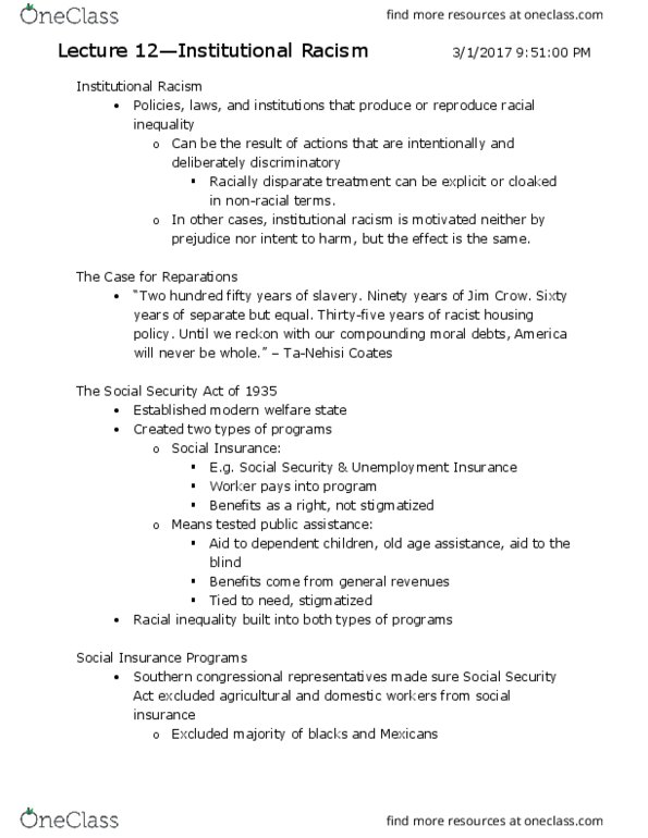 SOCIOL 131AC Lecture Notes - Lecture 12: Institutional Racism, Urban Renewal, Marshall Plan thumbnail