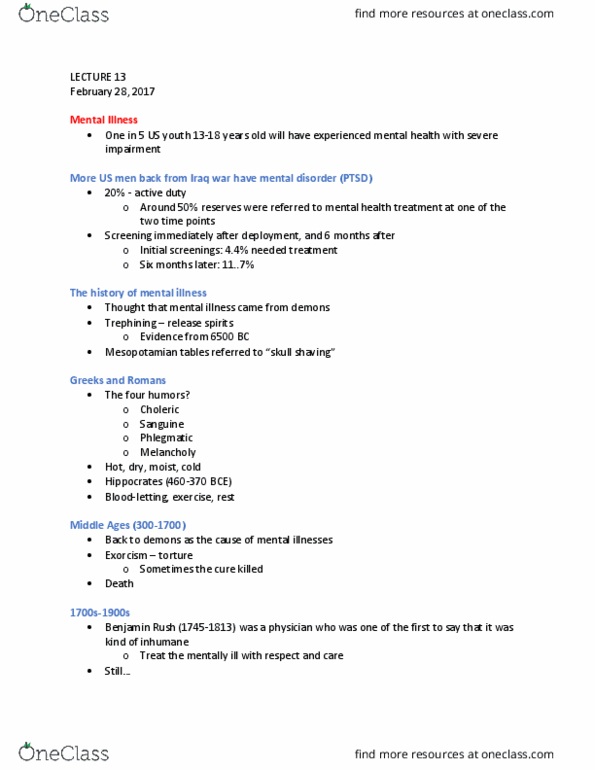 PSY BEH 11C Lecture Notes - Lecture 13: Mental Disorder, Frontal Lobe, Thomas Szasz thumbnail