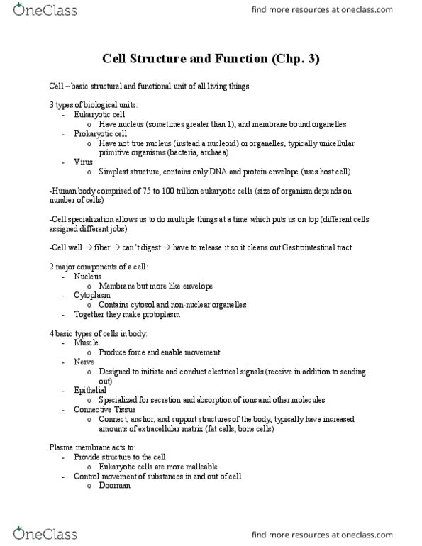 KINE 304 Lecture Notes - Lecture 1: Nuclear Membrane, Gastrointestinal Tract, Protoplasm thumbnail