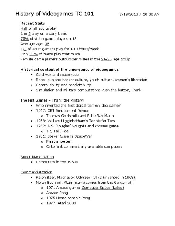 TC 101 Lecture Notes - Atari 2600, Nolan Bushnell, Magnavox Odyssey thumbnail