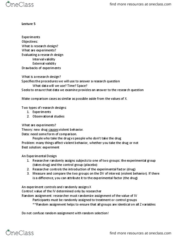 POS 3713 Lecture Notes - Lecture 5: Random Assignment, External Validity, Internal Validity thumbnail