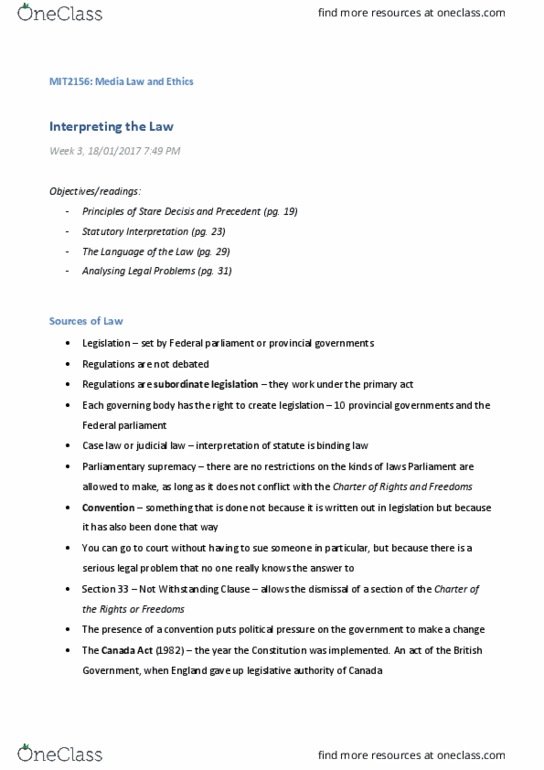 Media, Information and Technoculture 2156A/B Lecture Notes - Lecture 3: Parliamentary Sovereignty, Primary And Secondary Legislation, Statutory Interpretation thumbnail