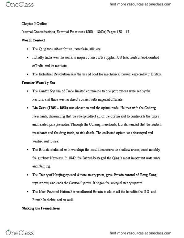 HIST 80b Chapter Notes - Chapter 5: Lin Zexu, Most Favoured Nation, Cohong thumbnail