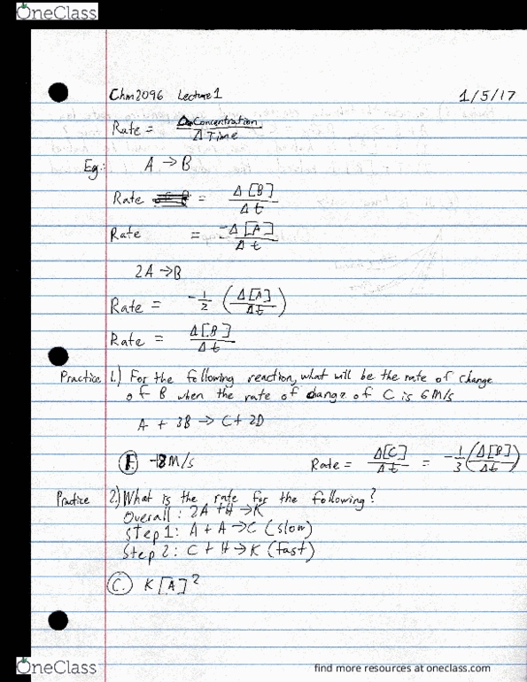 CHM 2096 Lecture Notes - Lecture 1: Rate Equation thumbnail