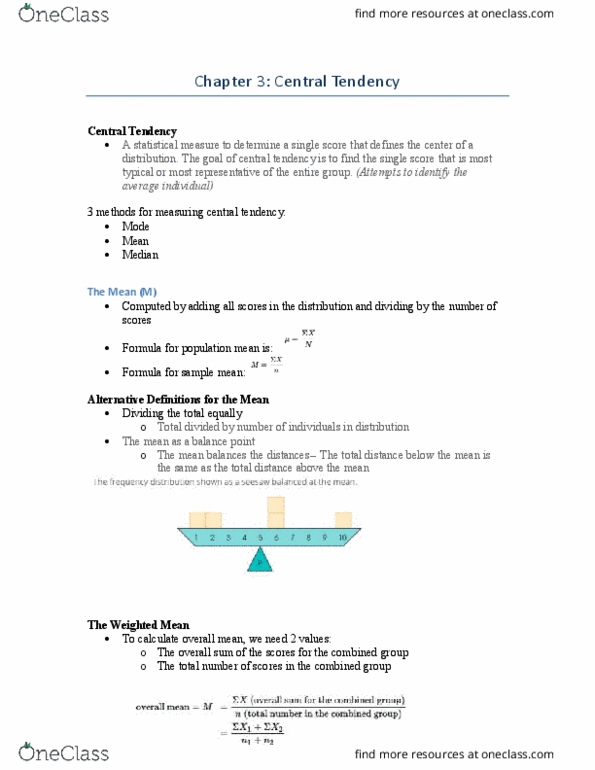 PSYC 1010 Chapter Notes - Chapter 3: Central Tendency, Weighted Arithmetic Mean, Continuous Or Discrete Variable thumbnail