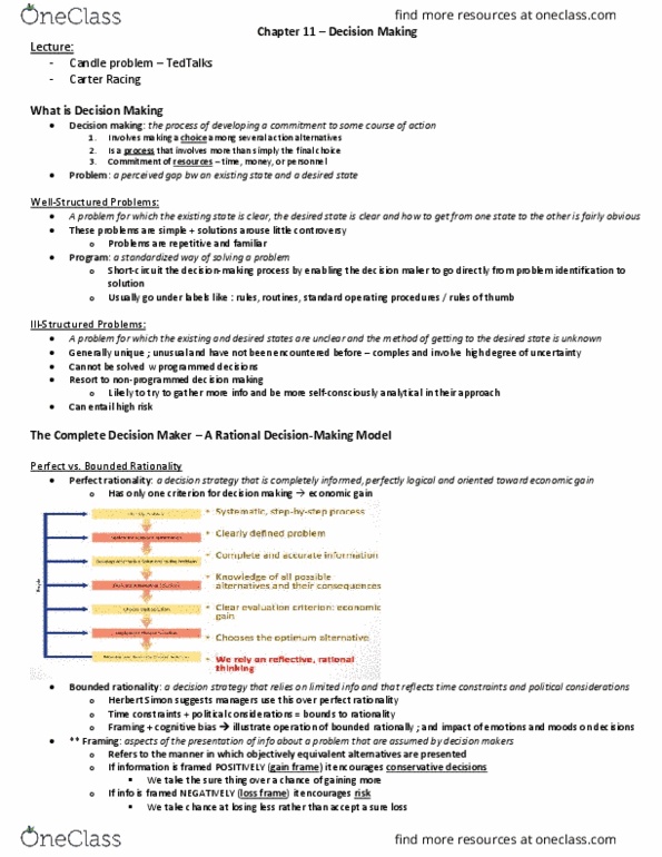 BU288 Chapter Notes - Chapter 11: Decision-Making, Bounded Rationality, Cognitive Bias thumbnail