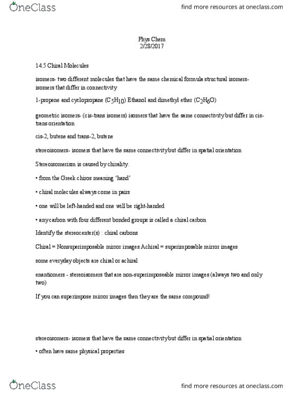 CHEM 108 Lecture Notes - Lecture 9: Dimethyl Ether, Butene, Stereocenter thumbnail