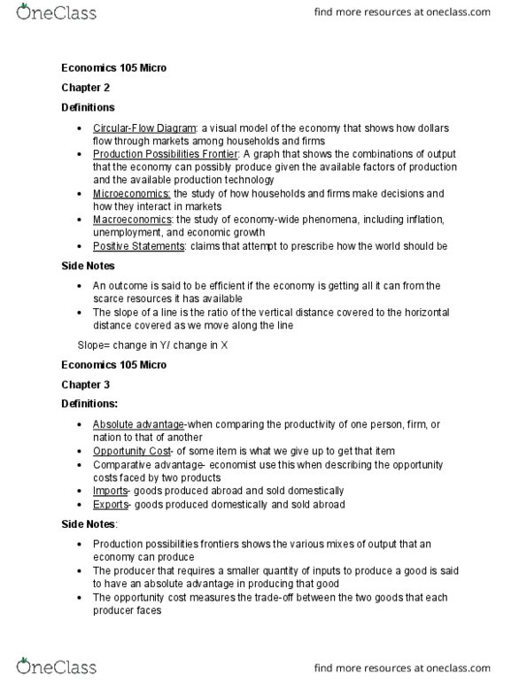 ECO 105 Chapter Notes - Chapter 2-3: Absolute Advantage, Opportunity Cost, Comparative Advantage thumbnail