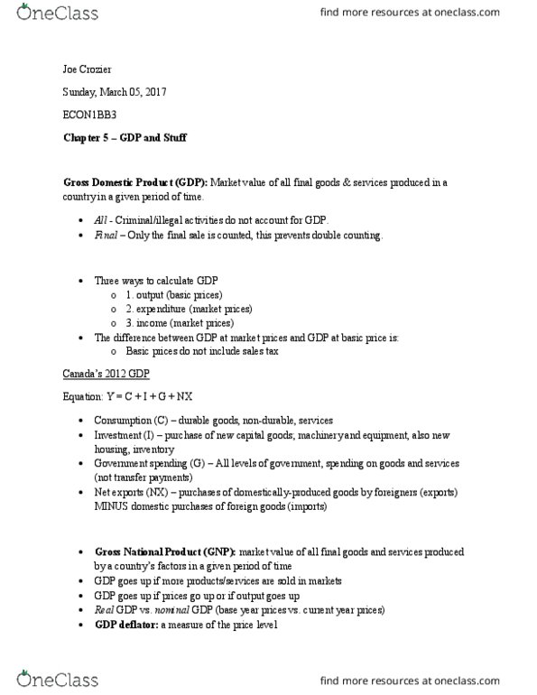 ECON 1BB3 Chapter Notes - Chapter 5: Gdp Deflator, Government Spending thumbnail