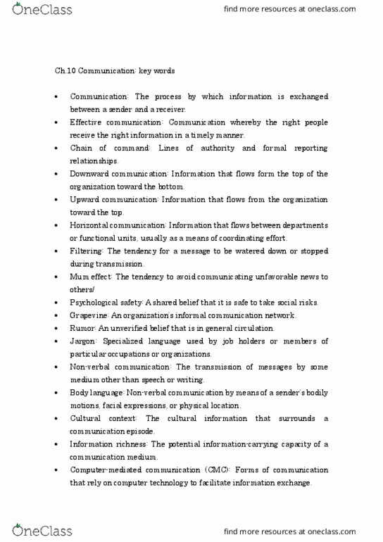 BU288 Chapter Notes - Chapter 10: Nonverbal Communication, Psychological Safety, Body Language thumbnail