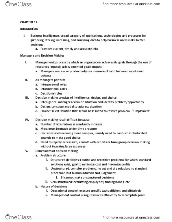 BTE 210 Chapter Notes - Chapter 12: Decision-Making, Data Mart, Geocoding thumbnail