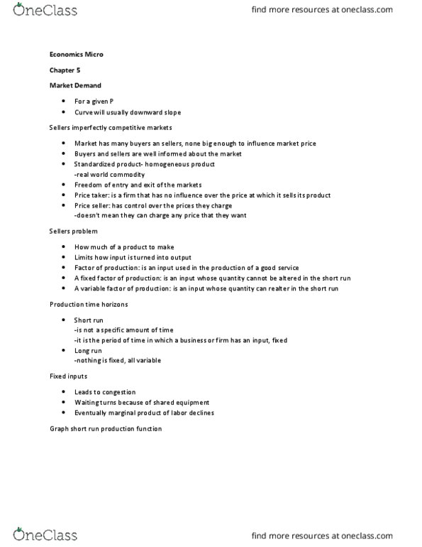 ECO 105 Lecture Notes - Lecture 5: Imperfect Competition, Production Function, Marginal Product thumbnail