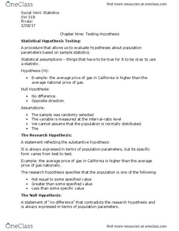 S W 318 Lecture Notes - Lecture 7: Null Hypothesis, Statistical Hypothesis Testing, Statistic thumbnail